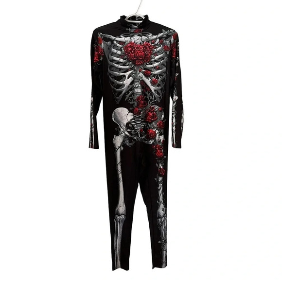 Skeleton Rose Print Scary Costume Black Skinny Jumpsuit Bodysuit Halloween XL - Picture 5 of 9